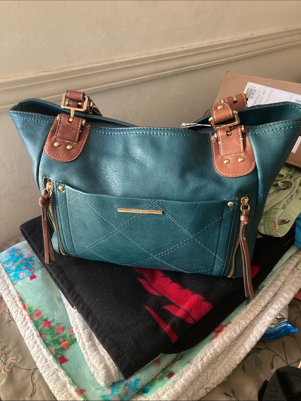 Rosetti Teal Shoulder Bag with Brown Trim and Gold Hardware